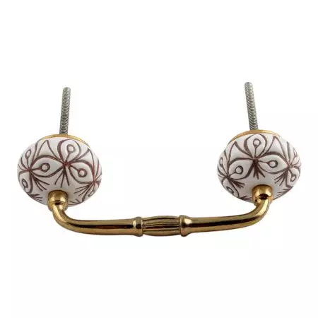 White Base Brown Etched Ceramic Floral Bridge Handle